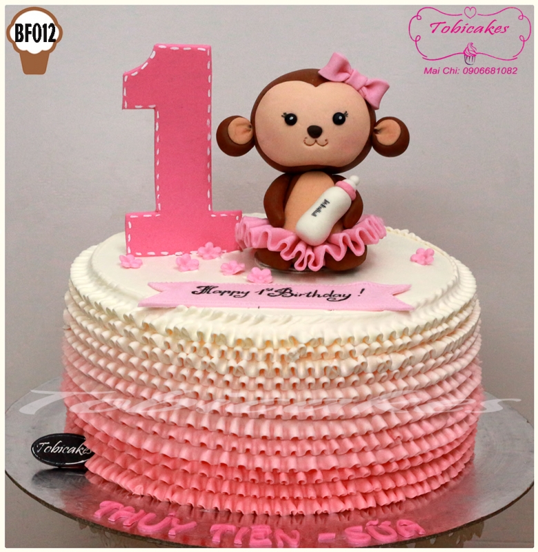 [BF012] BÁNH SINH NHẬT TRANG TRÍ HÌNH KHỈ NÂU CUTE MÀU HỒNG OMBRE