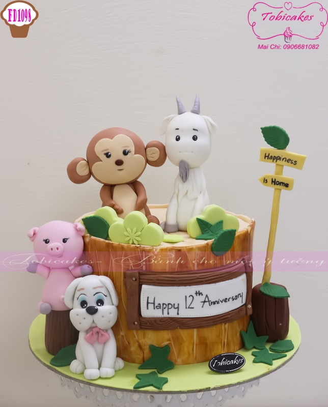 BÁNH SINH NHẬT TẠO HÌNH GIA ĐÌNH KHỈ HEO DÊ VÀ CÚN