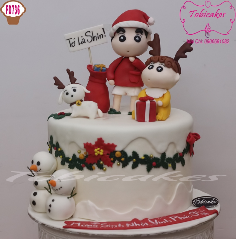 [FD736] BÁNH SINH NHẬT CHỦ ĐỀ GIÁNG SINH  VỚI ANH EM BÉ SHIN BÚT CHÌ