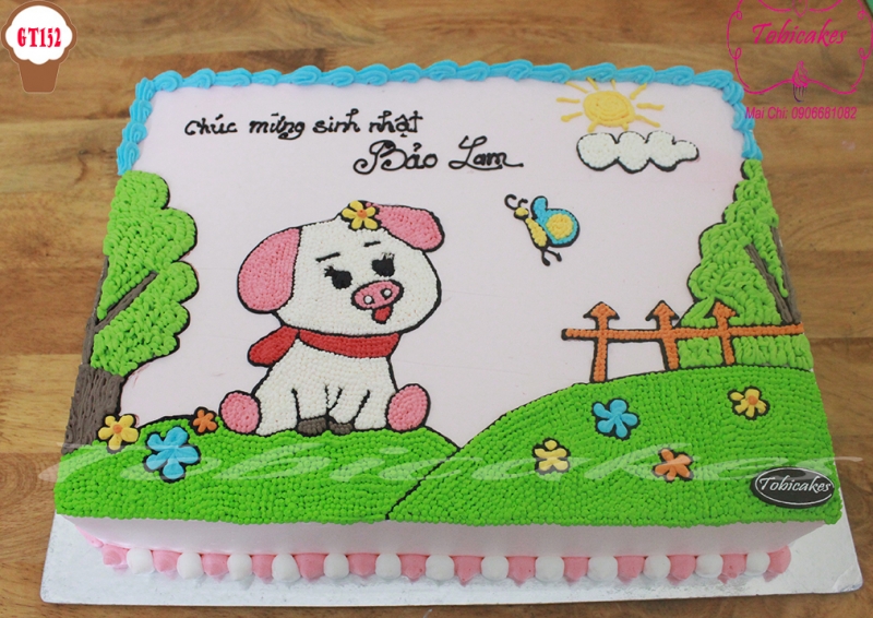 [GT152] BÁNH SINH NHẬT VẼ HÌNH CHÚ HEO CON TRÊN ĐỒNG CỎ