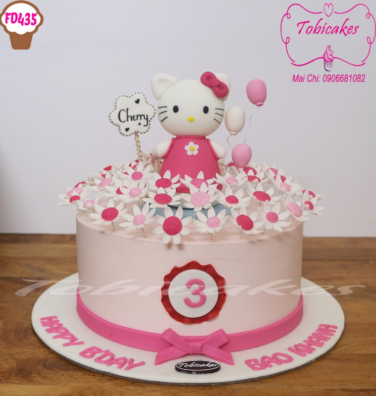 [FD435] BÁNH SINH NHẬT TRANG TRÍ HÌNH MÈO KITTY GIỮA VƯỜN HOA CÚC NHỎ