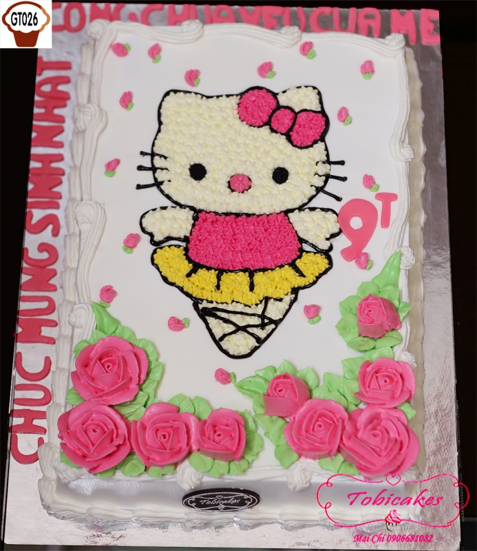 [GT026] BÁNH SINH NHẬT GATO VẼ HÌNH MÈO KITTY VÀ TRANG TRÍ HOA HỒNG