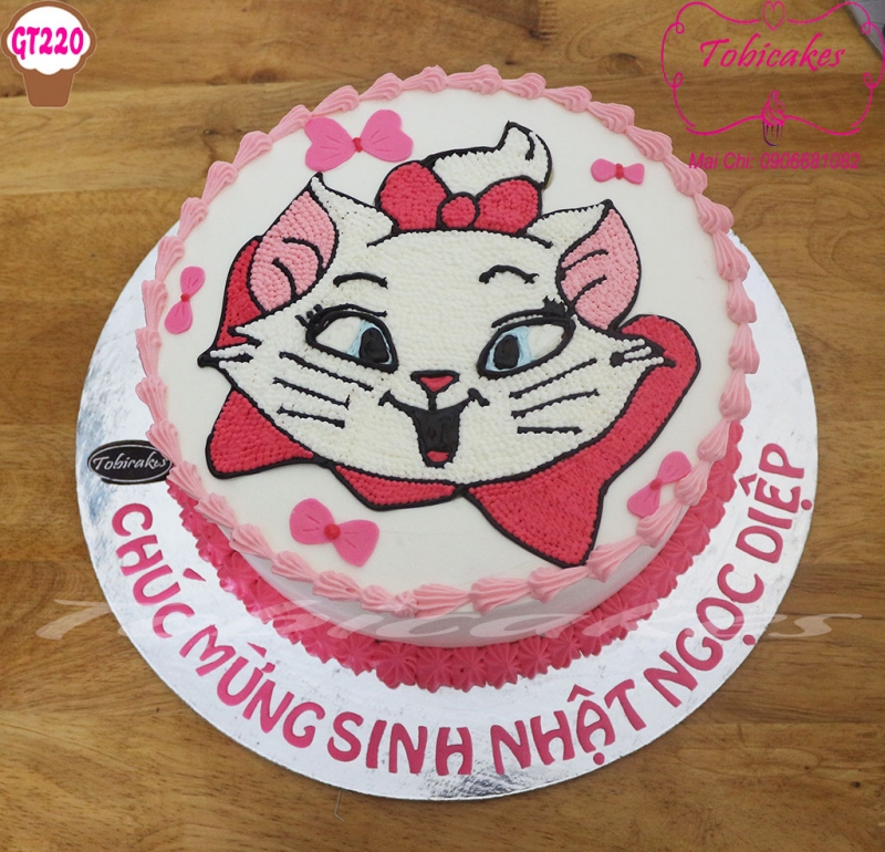[GT222] BÁNH SINH NHẬT VẼ CHÚ MÈO TRẮNG NƠ HỒNG DÀNH CHO BÉ GÁI
