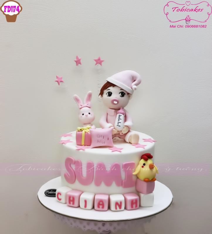 [FD1174] BÁNH SINH NHẬT MÀU HỒNG BÉ GÁI MẶC PIJAMA CÙNG CHÚ GÀ CON