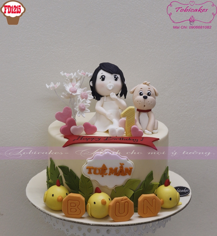 [FD1215] BÁNH SINH NHẬT MÀU HỒNG TRANG TRÍ HÌNH BÚP BÊ CÙNG CÁC BẠN GÀ