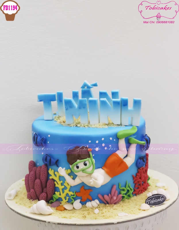 [FD1196] BÁNH SINH NHẬT TRANG TRÍ HÌNH BÉ TRAI LẶN XUỐNG ĐẠI DƯƠNG XUNG QUANH LÀ SAN HỒ LUNG LINH