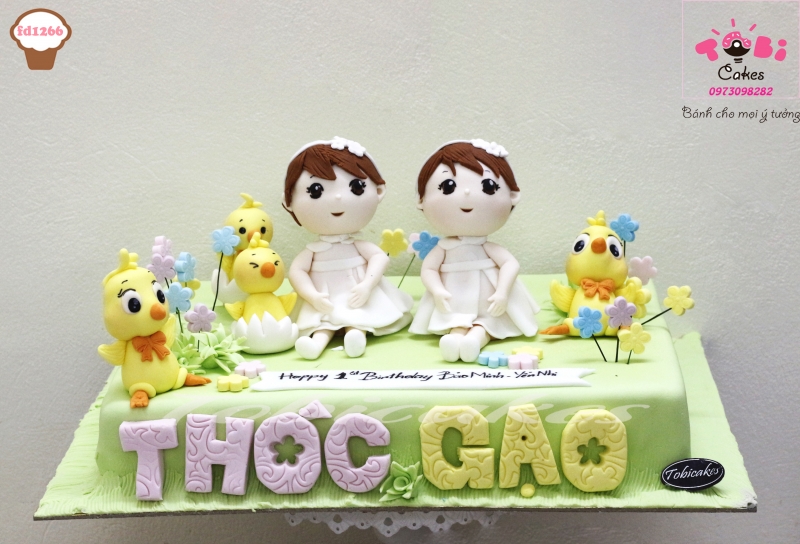 [FD1266] BÁNH SINH NHẬT TẠO HÌNH 2 BÉ SINH ĐÔI THÓC GẠO VỚI GÀ CON