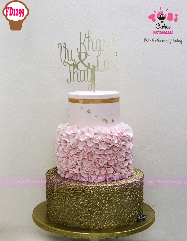 [FD1299] BÁNH CƯỚI TRANG TRÍ TRANG NHÃ TONE VÀNG KIM - HỒNG
