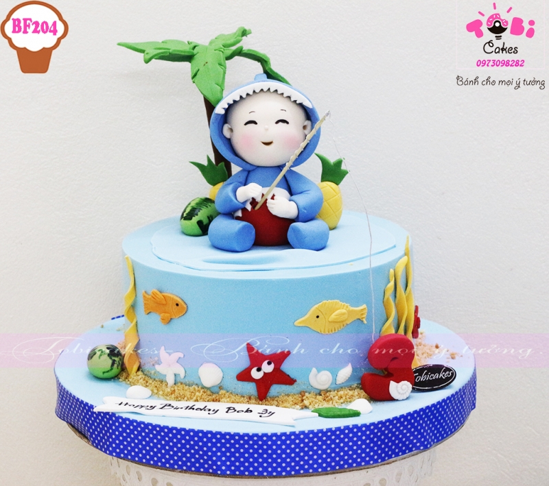[BF204] BÁNH SINH NHẬT TẠO HÌNH BÉ TRAI MẶC ĐÔ CÁ MẬP ĐI BIỂN