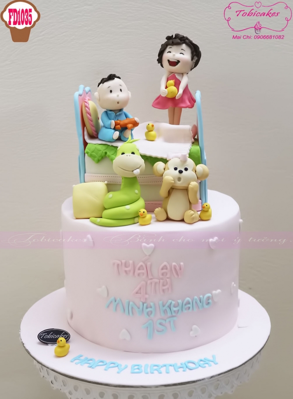 BÁNH SINH NHẬT TẠO HÌNH 2 EM BÉ TUỔI RẮN VÀ TUỔI KHỈ