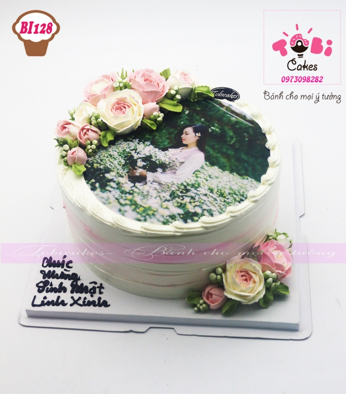 [BI128] BÁNH SINH NHẬT IN ẢNH VÀ TRANG TRÍ HOA KEM