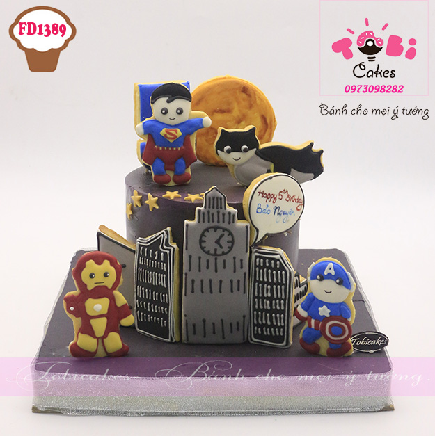 [FD1389] BÁNH SINH NHẬT CHỦ ĐỀ SIÊU ANH HÙNG TRAG TRÍ HÌNH 2D FONDANT