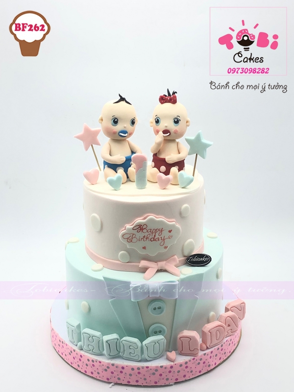 [BF262] BÁNH SINH NHẬT TẠO HÌNH 2 BÉ SINH ĐÔI TRAI GÁI TONE MÀU DỄ THƯƠNG