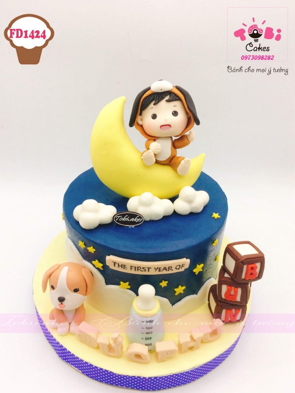 [FD1424] BÁNH SINH NHẬT TẠO HÌNH BÉ TRAI MẶC BỘ ĐỒ CÚN NGỒI TRÊN MẶT TRĂNG DÀNH CHO BÉ TUỔI TUẤT