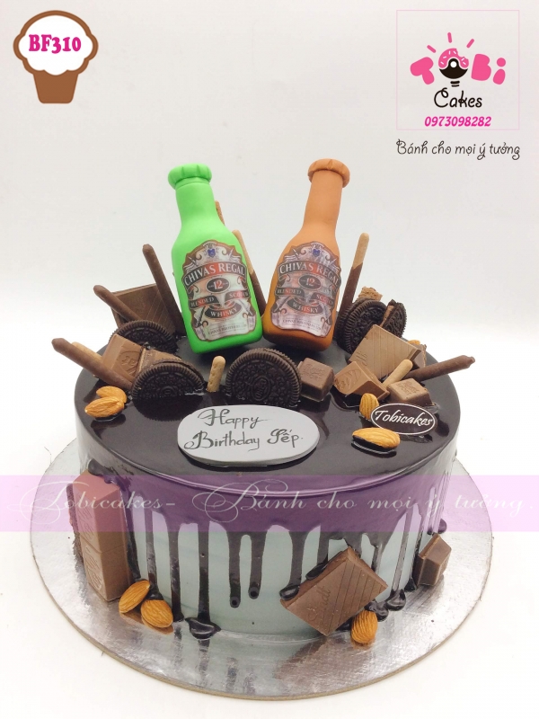 [BF310] BÁNH SINH NHẬT TRANG TRÍ SOCOLA VÀ HÌNH CHAI RƯỢU