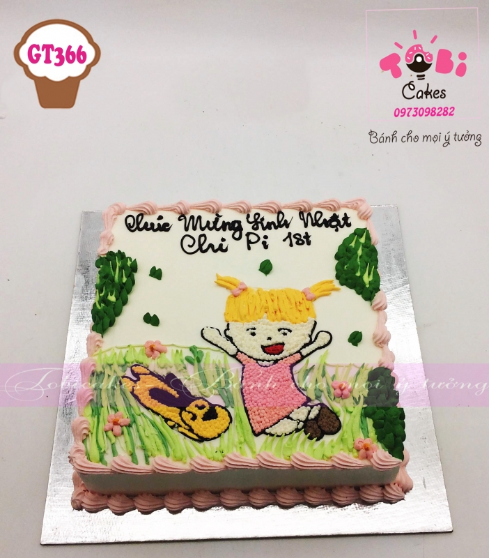 [GT366] BÁNH SINH NHẬT VẼ HÌNH BÉ GÁI VÀ CHÚ CÚN CON