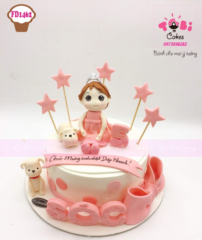 [FD1462] BÁNH SINH NHẬT TẠO HÌNH BÉ GÁI ĐỘI VƯƠNG MIỆN CÔNG CHÚA VÀ BẦY CÚN CON