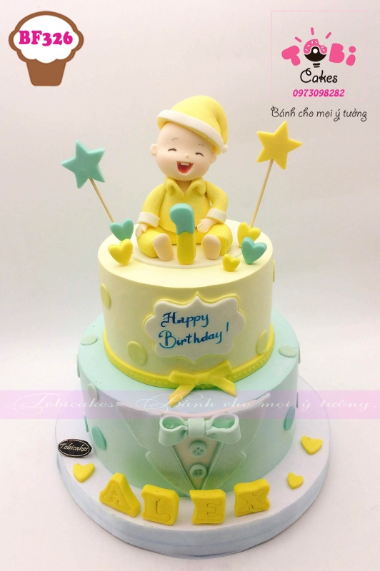 [BF326] BÁNH SINH NHẬT TẠO HÌNH BÉ TRAI TRANG TRÍ TONE MÀU VÀNG VÀ XANH MINT