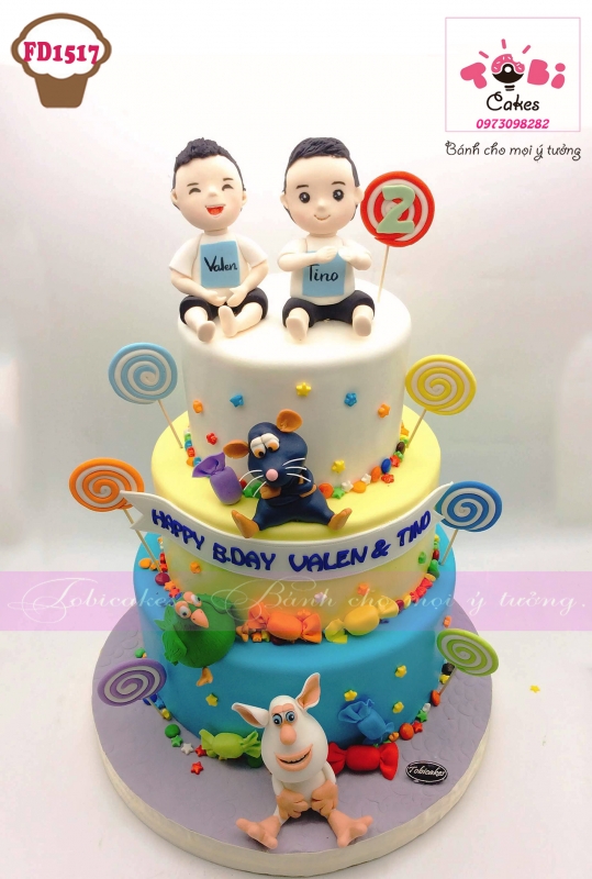 [FD1517] BÁNH SINH NHẬT TẠO HÌNH 2 BÉ TRAI SINH ĐỒI CHỦ ĐỀ BÁNH KẸO VÀ NHÂN VẬT HOẠT HÌNH