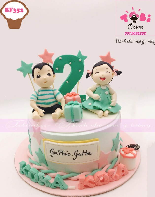 [BF352] BÁNH SINH NHẬT TẠO HÌNH 2 CHỊ EM SINH ĐÔI THEO YÊU CẦU
