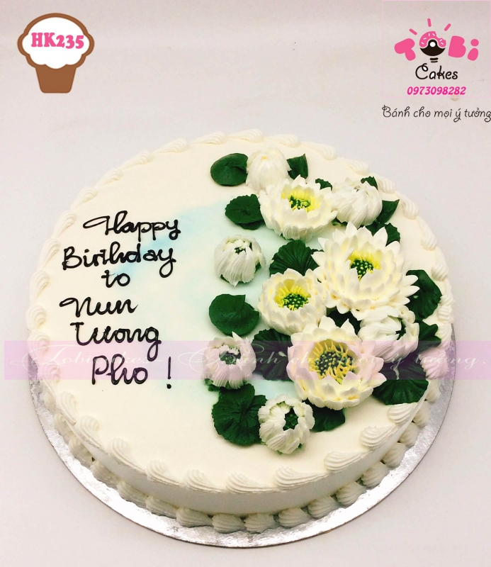 [HK235] BÁNH SINH NHẬT TRANG TRÍ HOA KEM - SEN TRẮNG