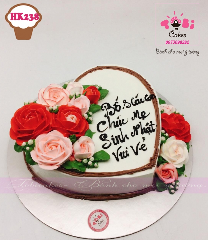 [HK238] BÁNH SINH NHẬT TRANG TRÍ HOA KEM HÌNH TRÁI TIM TONE MÀU ĐỎ