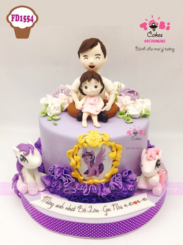 [FD1554] BÁNH SINH NHẬT TẠO HÌNH BỐ VÀ BÉ GÁI CHỦ ĐỀ PONY VÀ HOA KEM