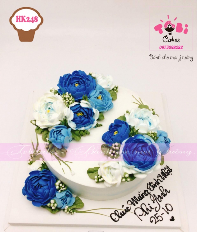 [HK248] BÁNH SINH NHẬT TRANG TRÍ HOA KEM TONE MÀU XANH