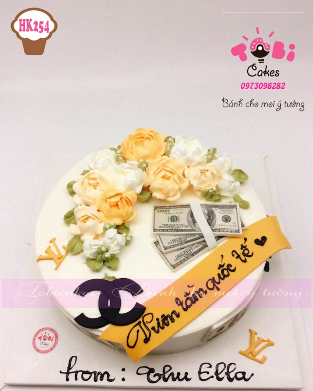 [HK254] BÁNH SINH NHẬT TRANG TRÍ HOA KEM KẾT HỢP CHI TIẾT FONDANT