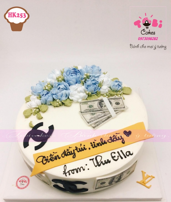 [HK253] BÁNH SINH NHẬT TRANG TRÍ HOA KEM KẾT HỢP CHI TIẾT FONDANT