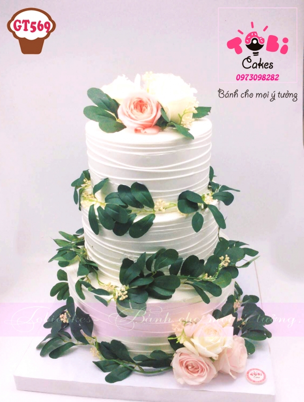 [GT569] BÁNH GATO CƯỚI TRANG TRÍ HOA LỤA VÀ HOA HỒNG TƯƠI