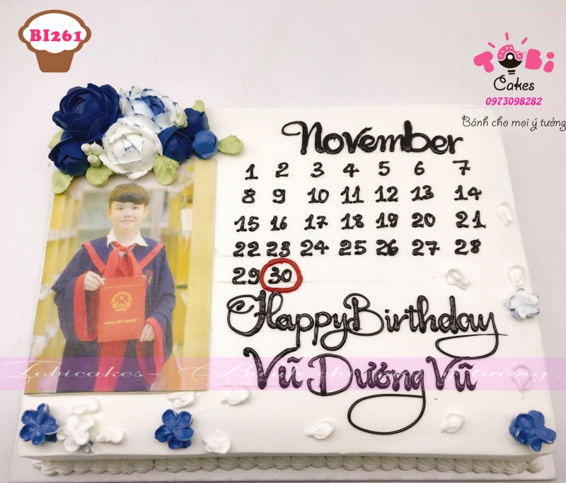 [BI261] BÁNH SINH NHẬT IN ẢNH THEO YÊU CẦU TRANG TRÍ HOA KEM TONE MÀU XANH NAVI