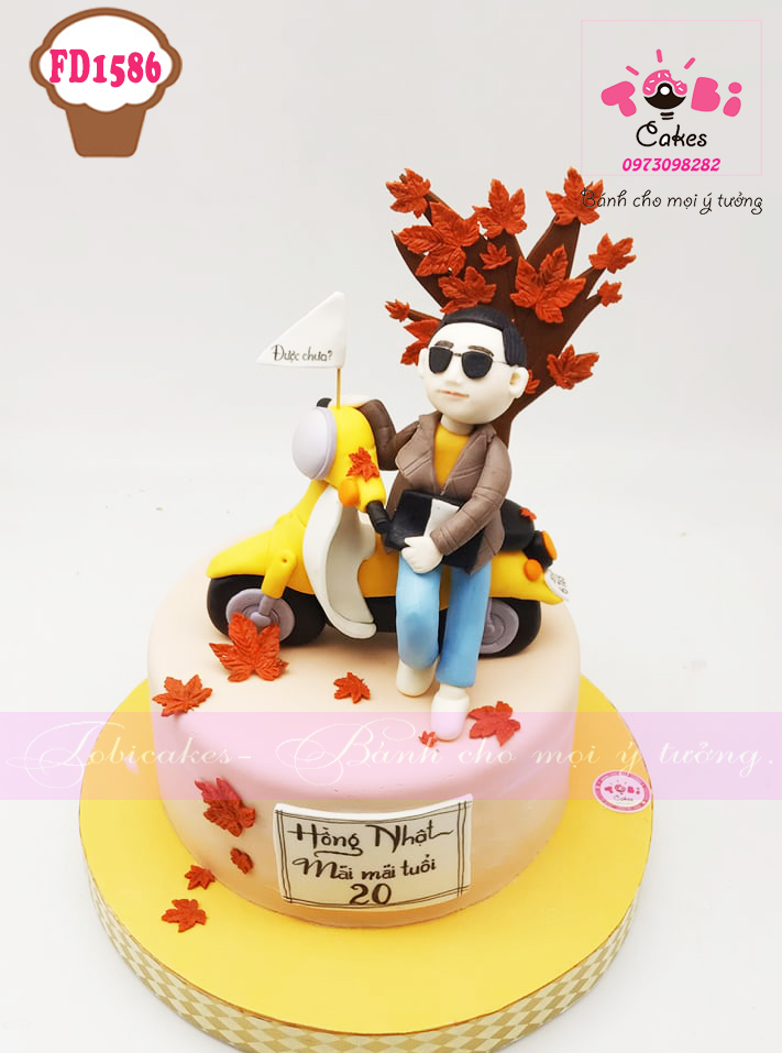 [FD1586] BÁNH SINH NHẬT TẠO HÌNH THEO ẢNH KHÁCH YÊU CẦU - CHÀNG TRAI ĐỨNG BÊN CHIẾC XE CUB