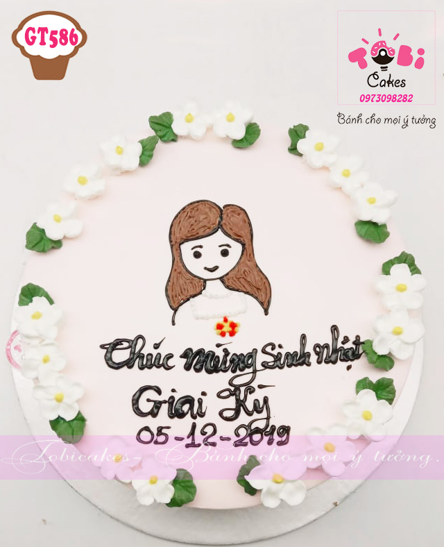 [GT586] BÁNH SINH NHẬT VẼ HÌNH CÔ GÁI TRANG TRÍ HOA KEM NHỎ
