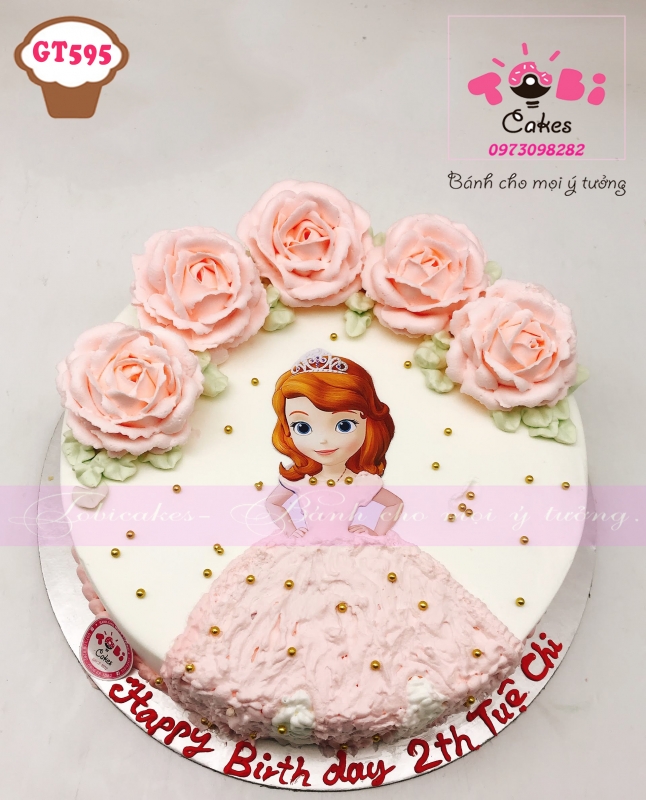 [GT595] BÁNH SINH NHẬT TRANG TRÍ HOA KEM IN ẢNH CÔNG CHÚA TONE MÀU HỒNG