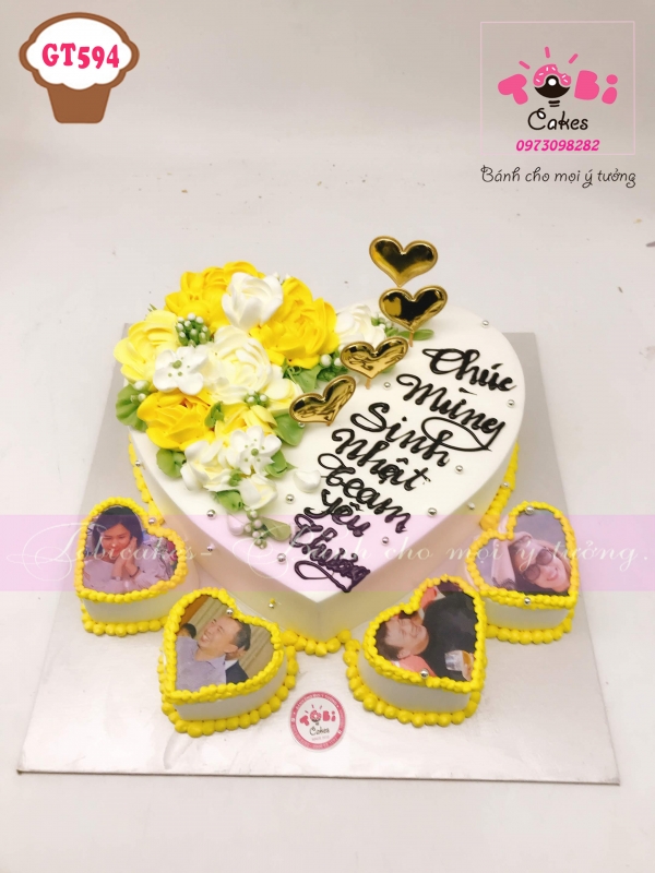 [GT594] BÁNH SINH NHẬT TRANG TRÍ HOA KEM VÀ IN ẢNH NHỎ TONE MÀU VÁNG