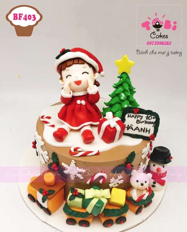 [BF403] BÁNH SINH NHẬT TẠO HÌNH BÉ GÁI MẶC BỘ ĐỒ NOEL GIÁNG SINH