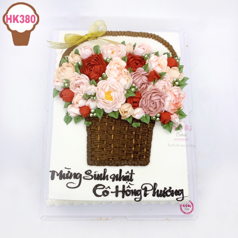 HK380 - BÁNH GATO VẼ HÌNH GIỎ HOA TONE ĐỎ HỒNG