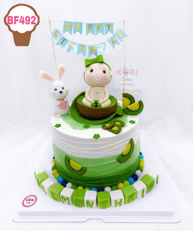 BF492 - BÁNH SINH NHẬT TẠO CHỦ ĐỀ QUẢ KIWI EM BÉ CÓ TÊN KIWI NHÂN NGÀY THÔI NÔI ĐẦY THÁNG