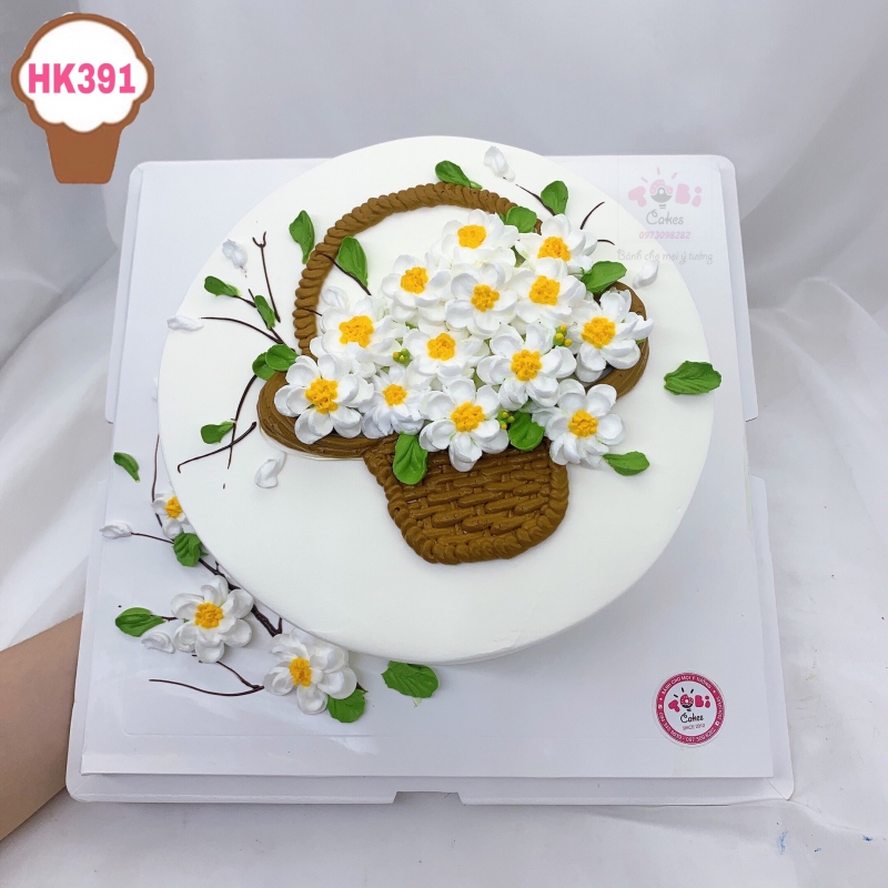 HK391 - BÁNH SINH NHẬT HOA KEM GIỎ HOA CÚC TRANG NHÃ, ĐỘC ĐÁO