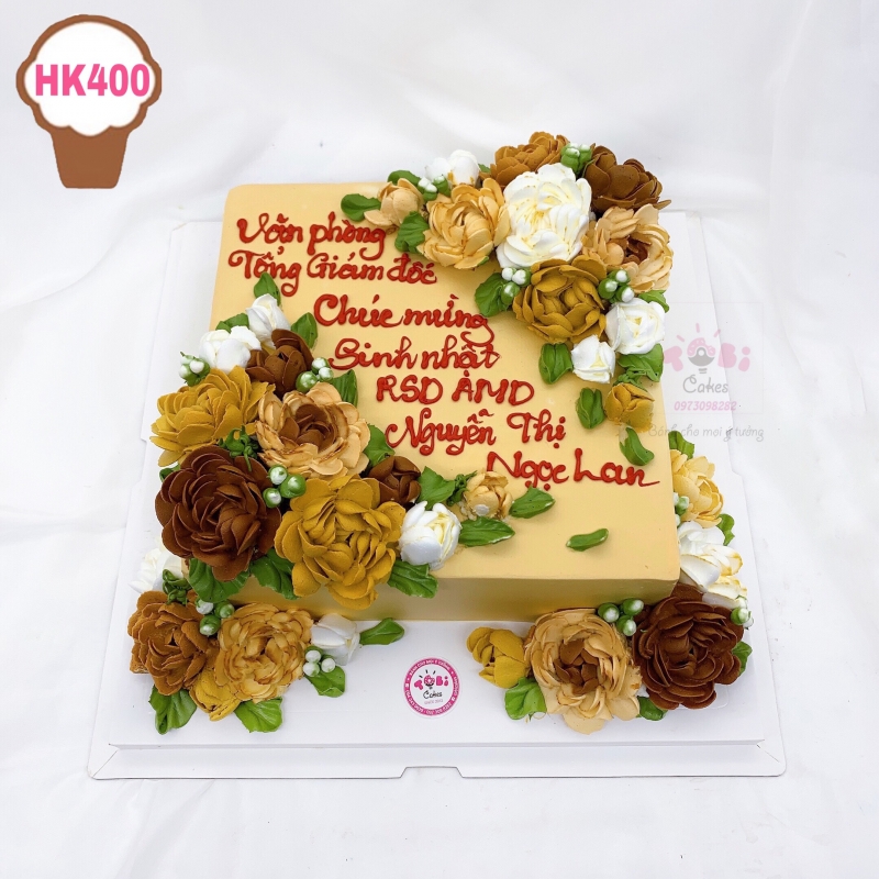 HK400 - BÁNH GATO HOA KEM TONE VÀNG ĐỒNG TRANG TRỌNG DÀNH TẶNG SẾP, NGƯỜI LỚN TUỔI