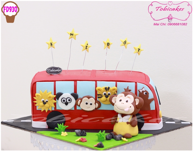BÁNH SINH NHẬT TẠO HÌNH BÉ BUS ĐƯA BẠN THÚ ĐI HỌC VÀ CHÚ KHỈ CON