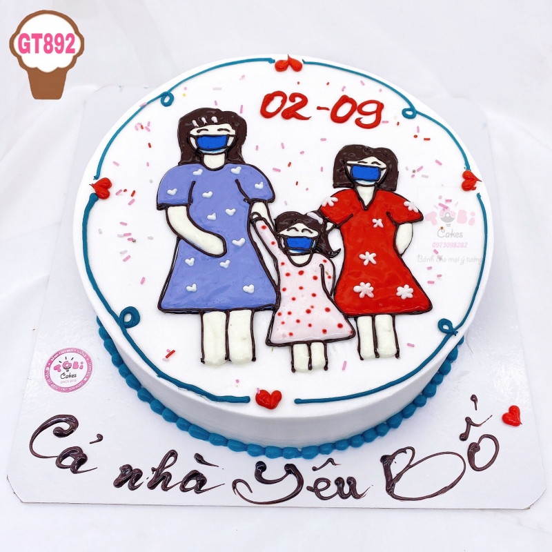 GT892 - BÁNH SINH NHẬT VẼ 3 MẸ CON CHÚC MỪNG SINH NHẬT BỐ YÊU
