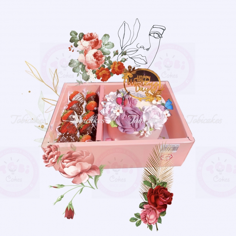 BÁNH SINH NHẬT TRANG TRÍ HOA KEM KÈM DÂU NHÚNG SOCOLA TẶNG 14/2 8/3