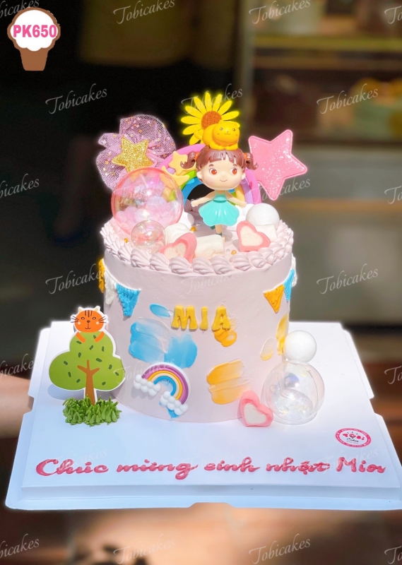 PK650 - BÁNH SINH NHẬT TRANG TRÍ BÉ GÁI XINH ĐẸP VUI ĐÙA TRONG RỪNG TONE MÀU HÔNG SIÊU XINH DÀNH CHO CÁC BÉ GÁI