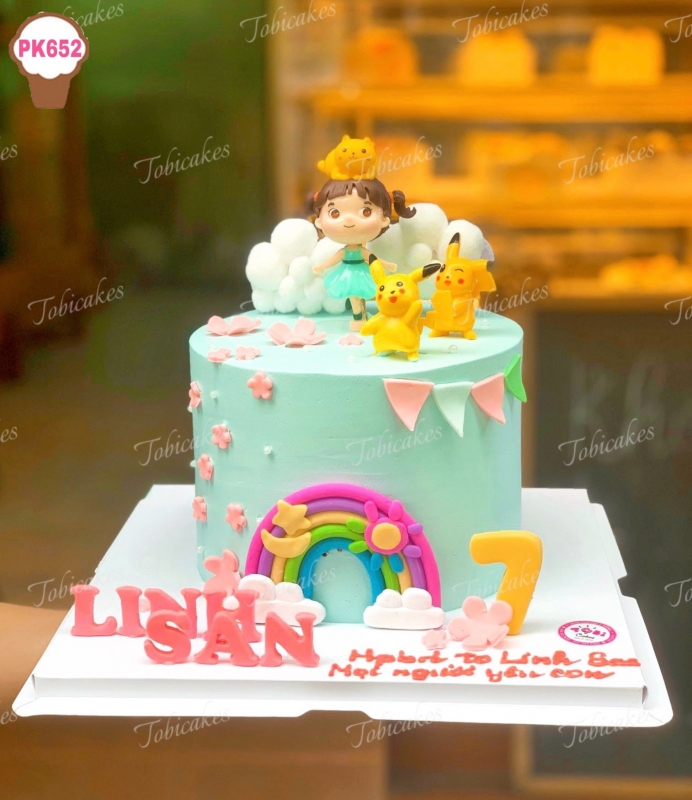 PK652 - BÁNH SINH NHẬT ĐẸP TRANG TRÍ BÉ GÁI DỄ THƯƠNG CHƠI CÙNG PIKACHU