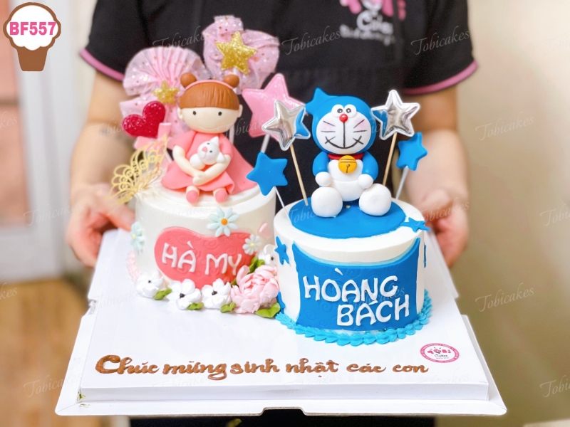 BF557 - BÁNH SINH NHẬT ĐẸP TẠO HÌNH BÉ GÁI VÀ DOREMON DỄ THƯƠNG DÀNH CHO CÁC BÉ SINH NHẬT CÙNG NGÀY