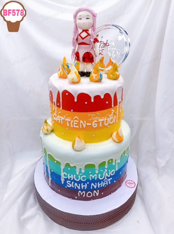 BF578 - BÁNH SINH NHẬT 2 TẦNG TẠO HÌNH BÉ GÁI ĐỨNG TRÊN CHIẾC BÁNH KEM CẦU VỒNG TUYỆT ĐẸP