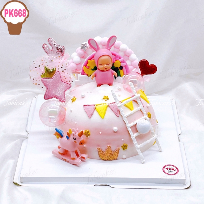 PK668 - BÁNH SINH NHẬT TRANG TRÍ BÉ THỎ HỒNG MỪNG THÔI NÔI DÀNH CHO CÁC BÉ GÁI