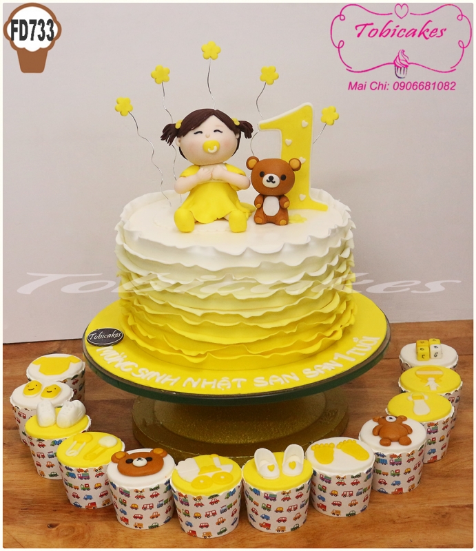 BÁNH SINH NHẬT DÀNH CHO BÉ GÁI GAM MÀU VÀNG + SET CUPCAKES